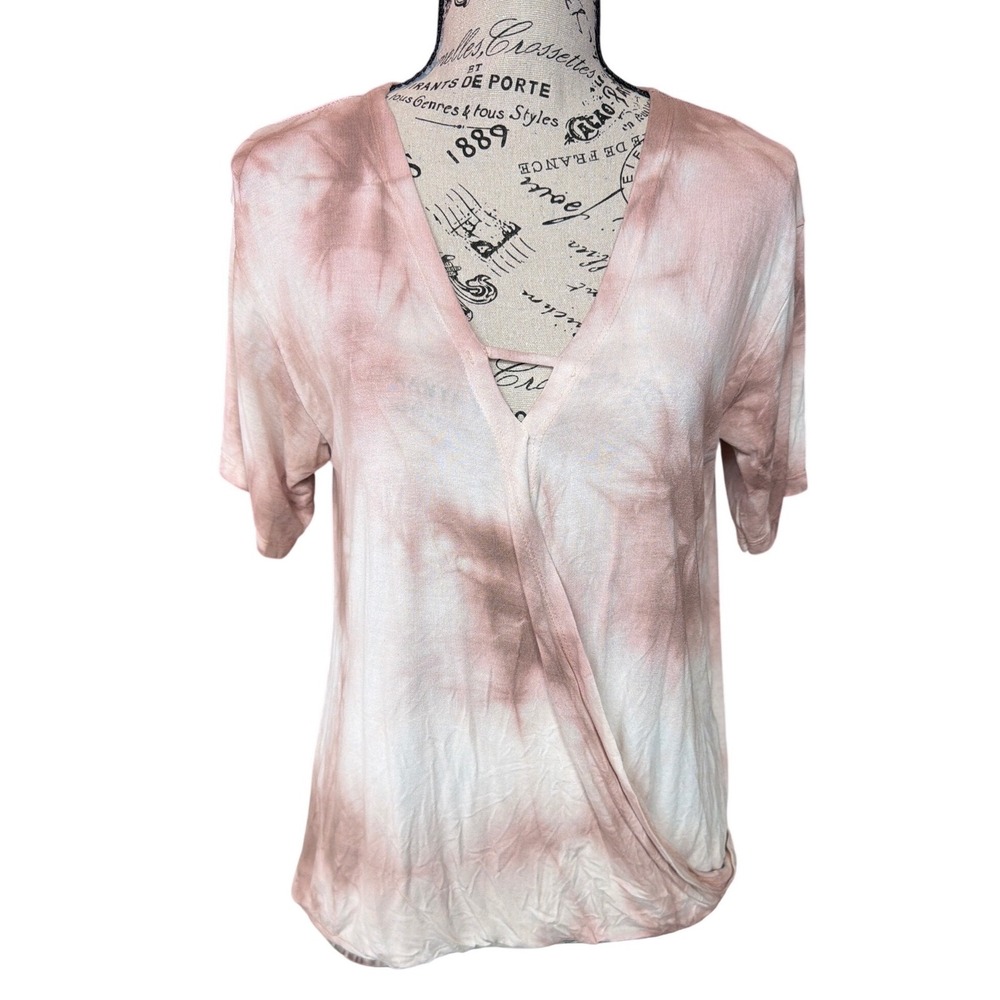 American Eagle Tie Dye Surplice V-Neck Top Mauve Cream Short Sleeve Small